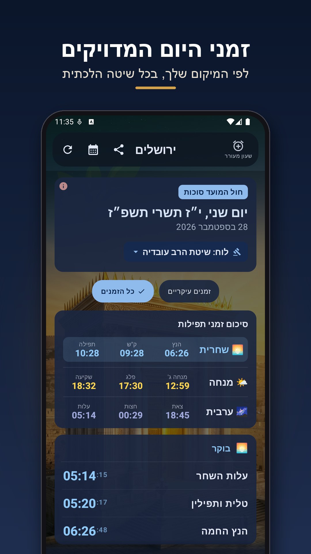 מסך זמני היום עם סיכום זמני התפילות
